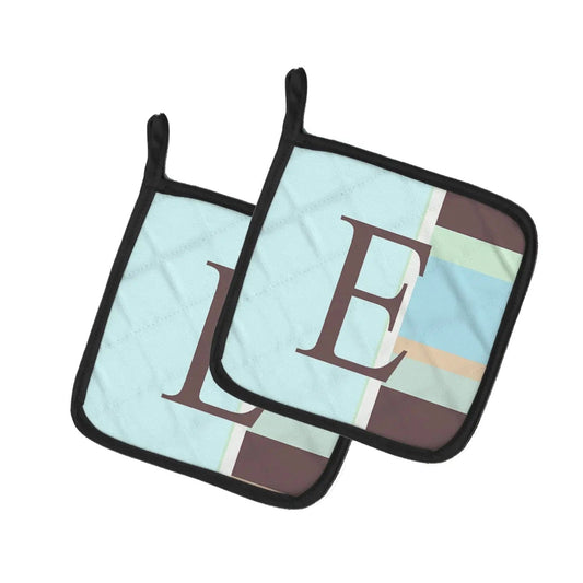 Pot Holder Set of 2 | Heat Resistant Quilted Hot Pads | 7.5 x 7.5 Inch | Letter E Initial Monogram - Blue Stripes