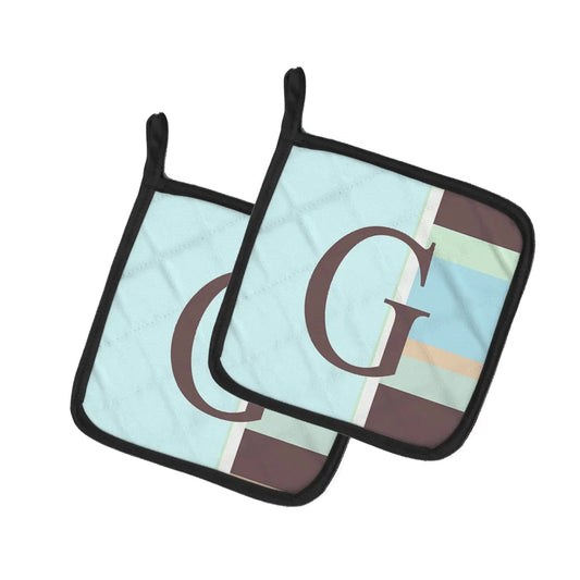 Pot Holder Set of 2 | Heat Resistant Quilted Hot Pads | 7.5 x 7.5 Inch | Letter G Initial Monogram - Blue Stripes