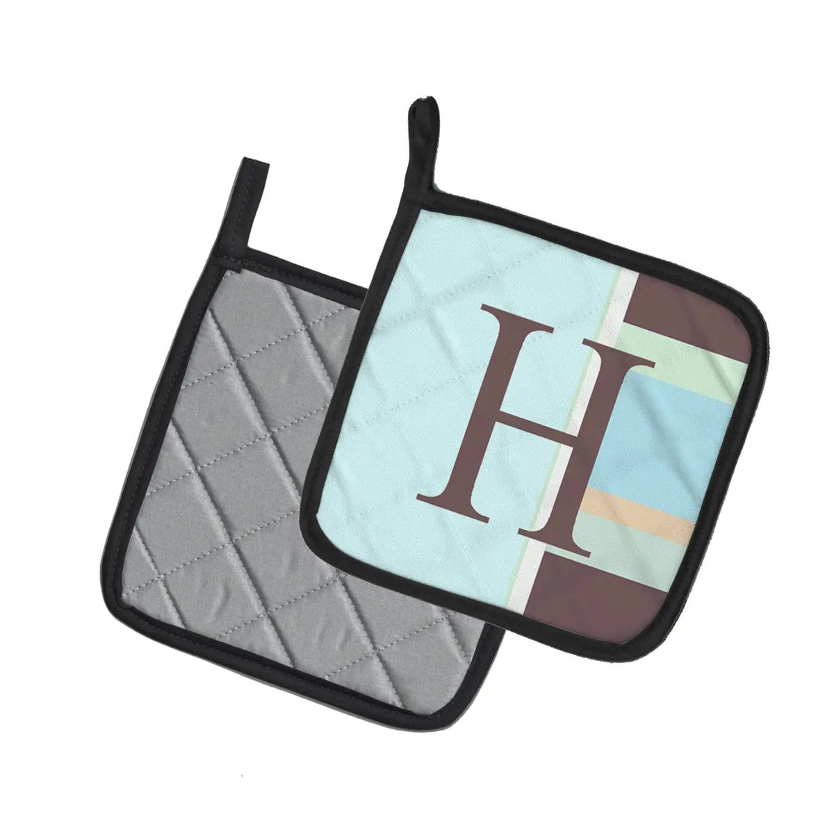 Pot Holder Set of 2 | Heat Resistant Quilted Hot Pads | 7.5 x 7.5 Inch | Letter H Initial Monogram - Blue Stripes
