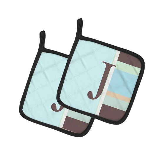 Pot Holder Set of 2 | Heat Resistant Quilted Hot Pads | 7.5 x 7.5 Inch | Letter J Initial Monogram - Blue Stripes