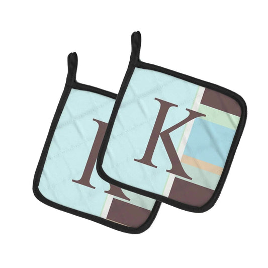 Pot Holder Set of 2 | Heat Resistant Quilted Hot Pads | 7.5 x 7.5 Inch | Letter K Initial Monogram - Blue Stripes