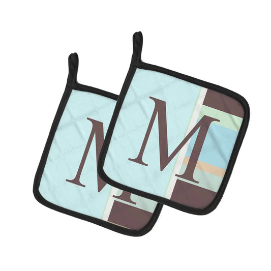 Pot Holder Set of 2 | Heat Resistant Quilted Hot Pads | 7.5 x 7.5 Inch | Letter M Initial Monogram - Blue Stripes