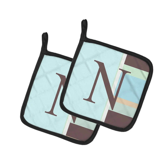 Pot Holder Set of 2 | Heat Resistant Quilted Hot Pads | 7.5 x 7.5 Inch | Letter N Initial Monogram - Blue Stripes