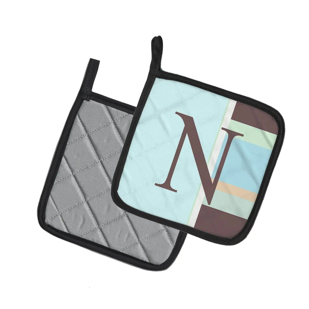 Pot Holder Set of 2 | Heat Resistant Quilted Hot Pads | 7.5 x 7.5 Inch | Letter N Initial Monogram - Blue Stripes