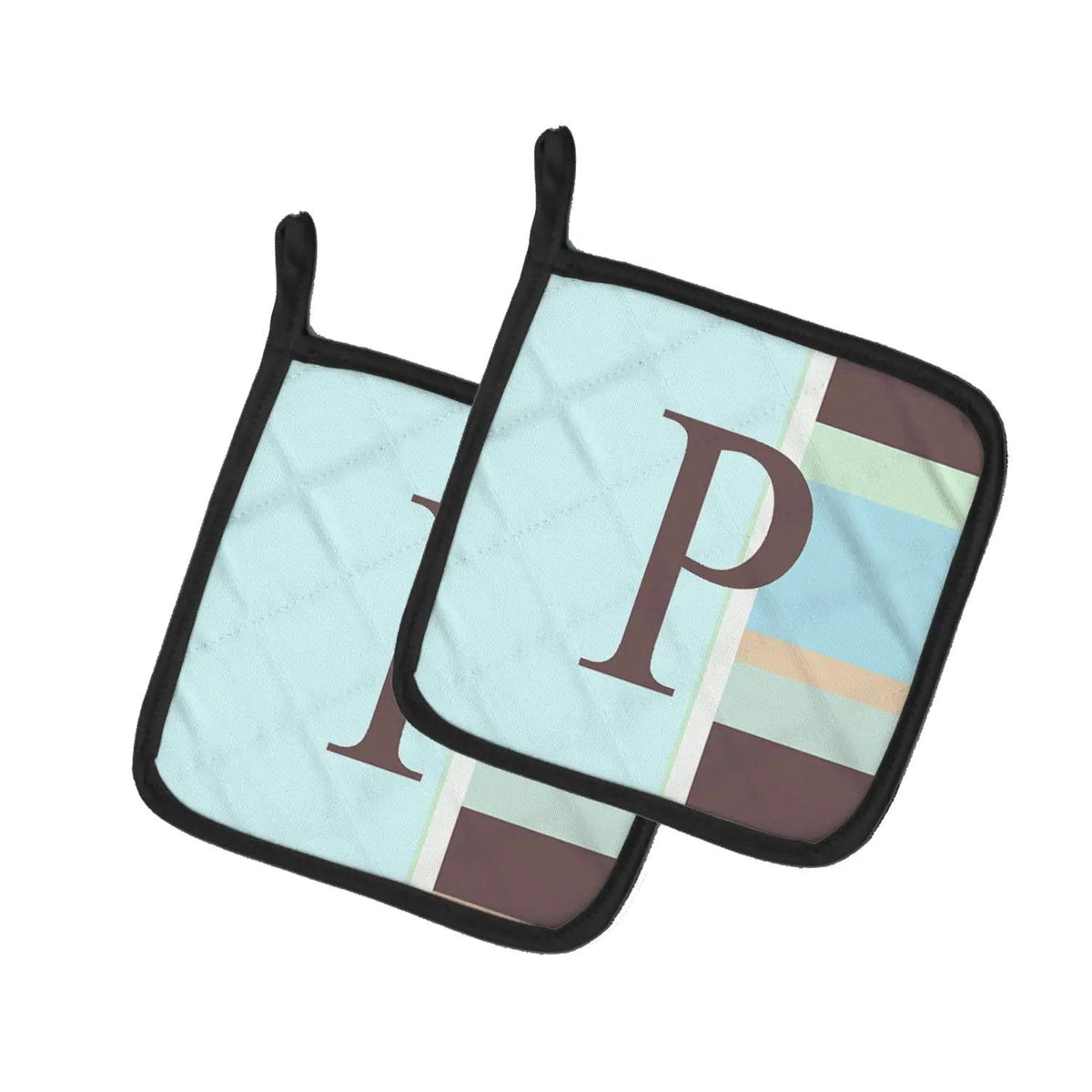 Pot Holder Set of 2 | Heat Resistant Quilted Hot Pads | 7.5 x 7.5 Inch | Letter P Initial Monogram - Blue Stripes