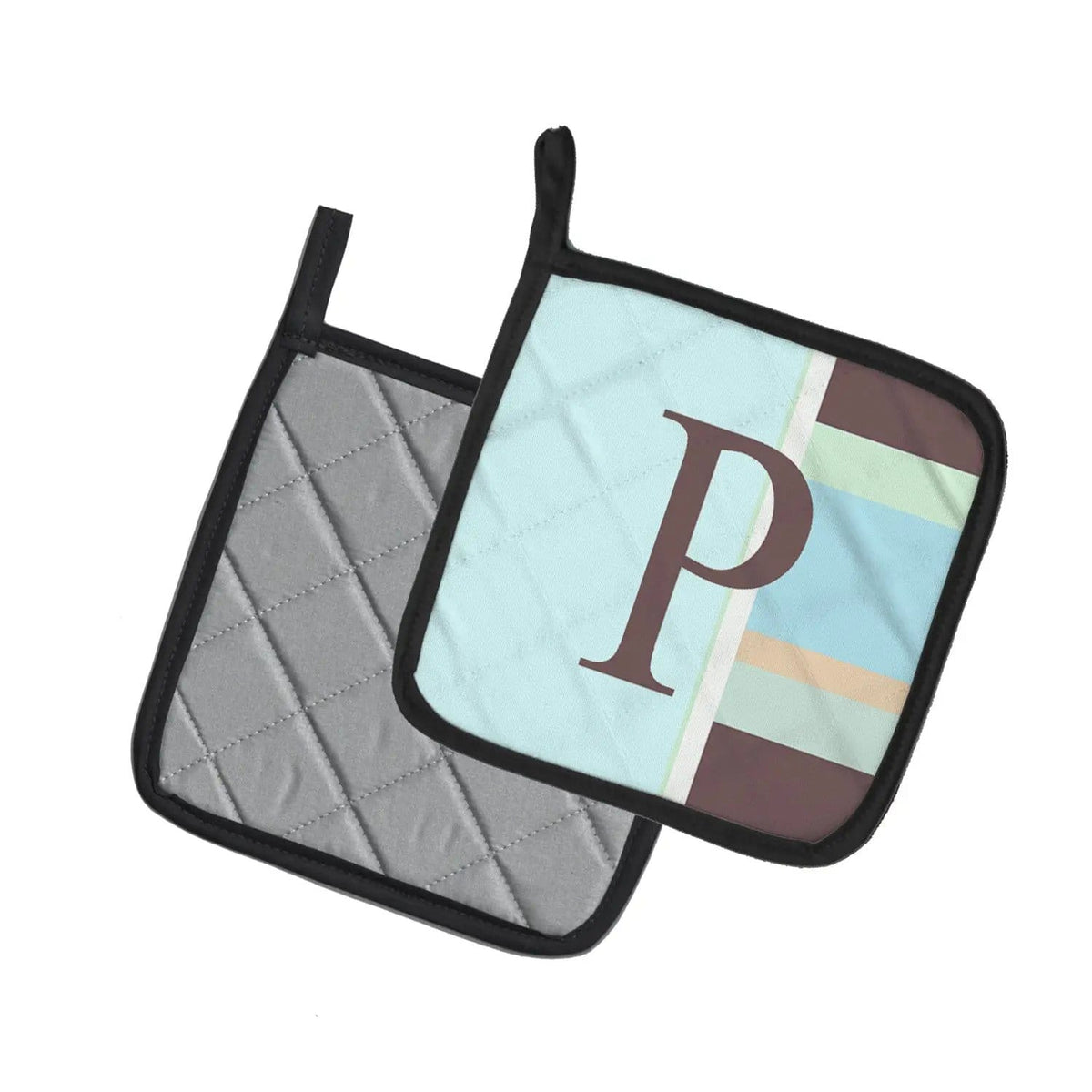 Pot Holder Set of 2 | Heat Resistant Quilted Hot Pads | 7.5 x 7.5 Inch | Letter P Initial Monogram - Blue Stripes
