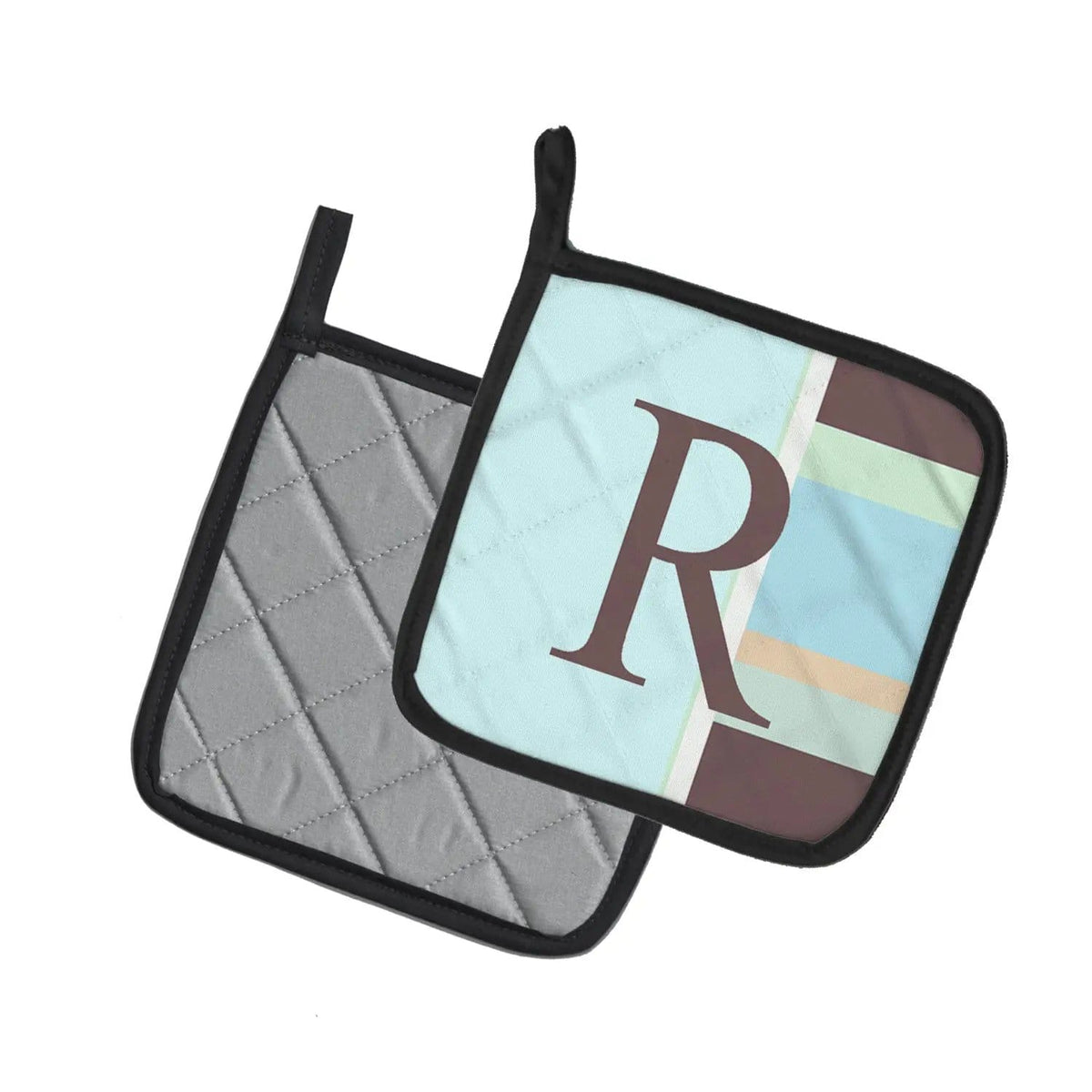 Pot Holder Set of 2 | Heat Resistant Quilted Hot Pads | 7.5 x 7.5 Inch | Letter R Initial Monogram - Blue Stripes