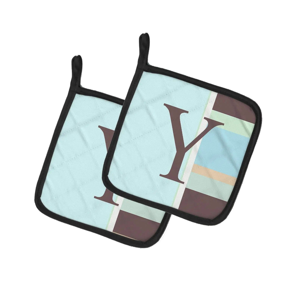 Pot Holder Set of 2 | Heat Resistant Quilted Hot Pads | 7.5 x 7.5 Inch | Letter Y Initial Monogram - Blue Stripes