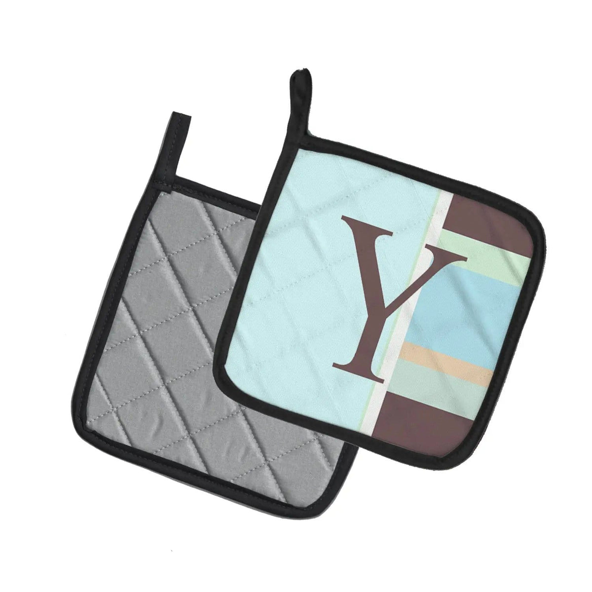 Pot Holder Set of 2 | Heat Resistant Quilted Hot Pads | 7.5 x 7.5 Inch | Letter Y Initial Monogram - Blue Stripes