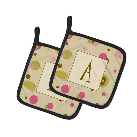 Pot Holder Set of 2 | Heat Resistant Quilted Hot Pads | 7.5 x 7.5 Inch | Letter A Monogram - Tan Dots