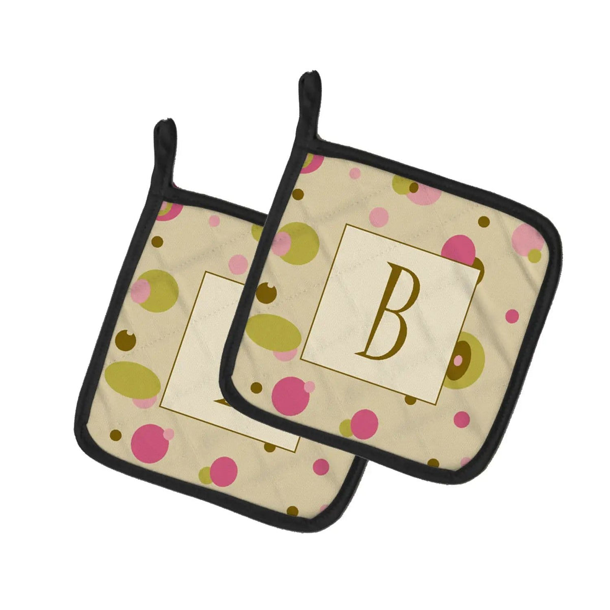 Pot Holder Set of 2 | Heat Resistant Quilted Hot Pads | 7.5 x 7.5 Inch | Letter B Initial Monogram - Tan Dots