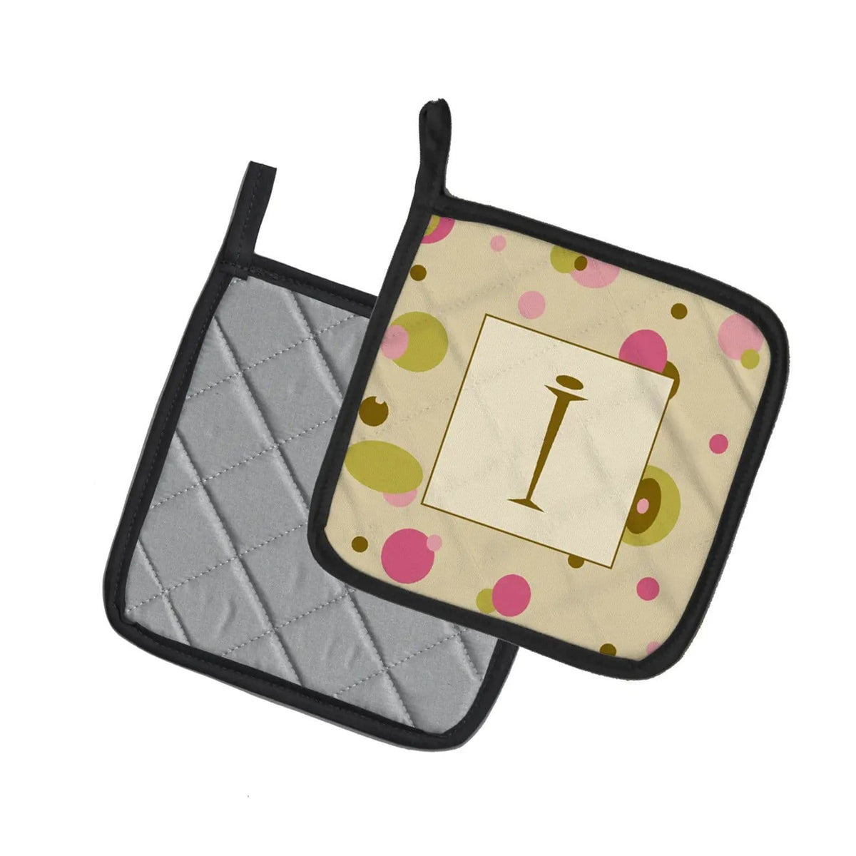 Pot Holder Set of 2 | Heat Resistant Quilted Hot Pads | 7.5 x 7.5 Inch | Letter I Initial Monogram - Tan Dots