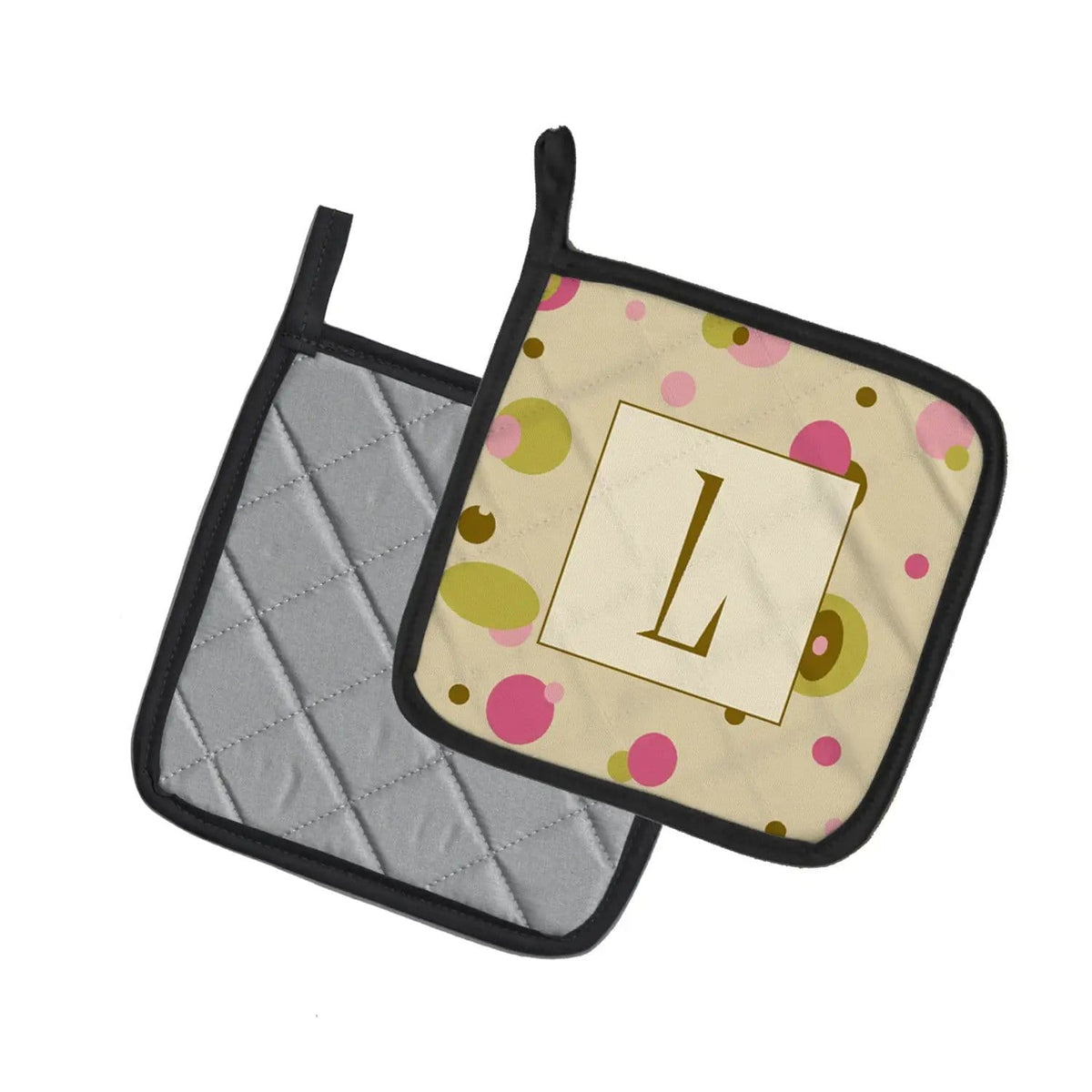 Pot Holder Set of 2 | Heat Resistant Quilted Hot Pads | 7.5 x 7.5 Inch | Letter L Initial Monogram - Tan Dots