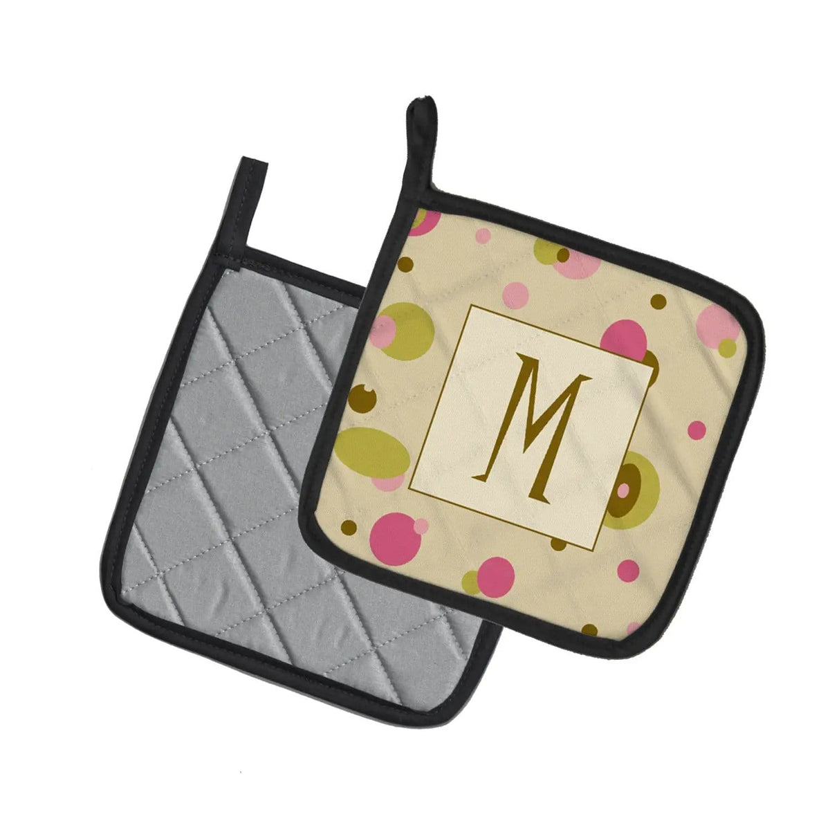 Pot Holder Set of 2 | Heat Resistant Quilted Hot Pads | 7.5 x 7.5 Inch | Letter M Initial Monogram - Tan Dots