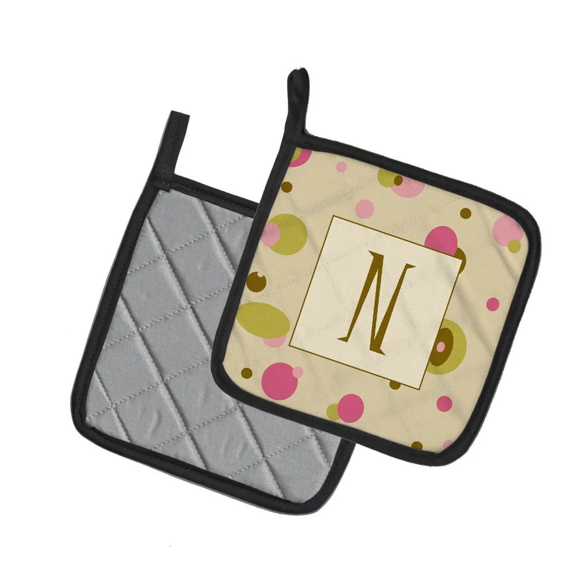Pot Holder Set of 2 | Heat Resistant Quilted Hot Pads | 7.5 x 7.5 Inch | Letter N Initial Monogram - Tan Dots