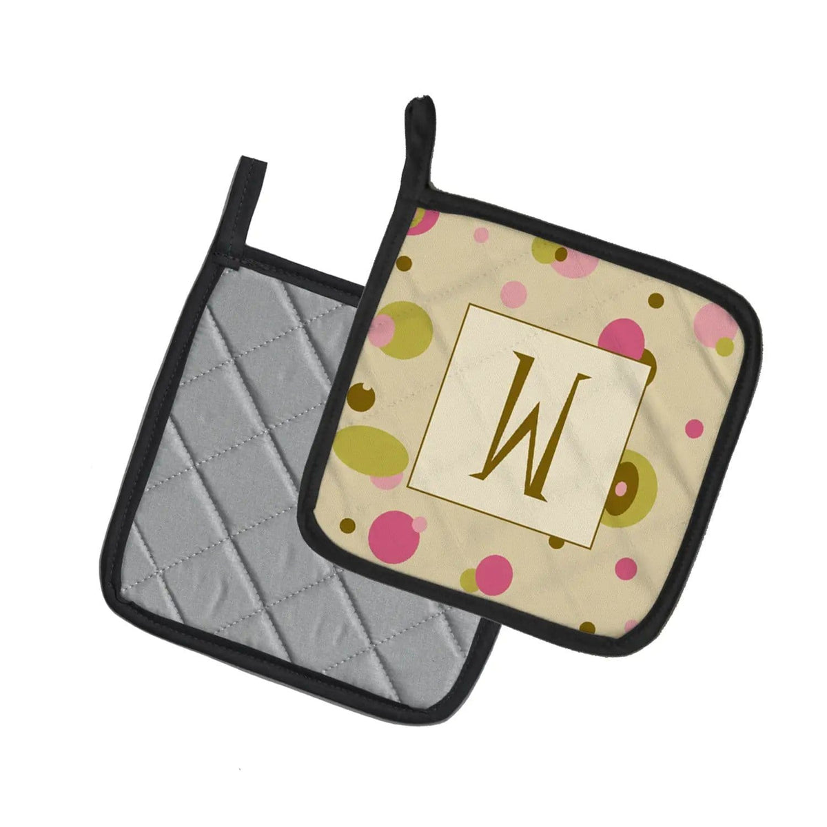 Pot Holder Set of 2 | Heat Resistant Quilted Hot Pads | 7.5 x 7.5 Inch | Letter W Initial Monogram - Tan Dots
