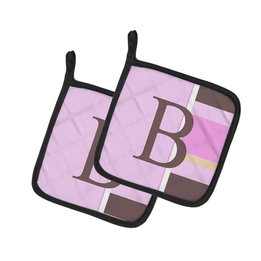 Pot Holder Set of 2 | Heat Resistant Quilted Hot Pads | 7.5 x 7.5 Inch | Letter B Initial Monogram - Pink Stripes
