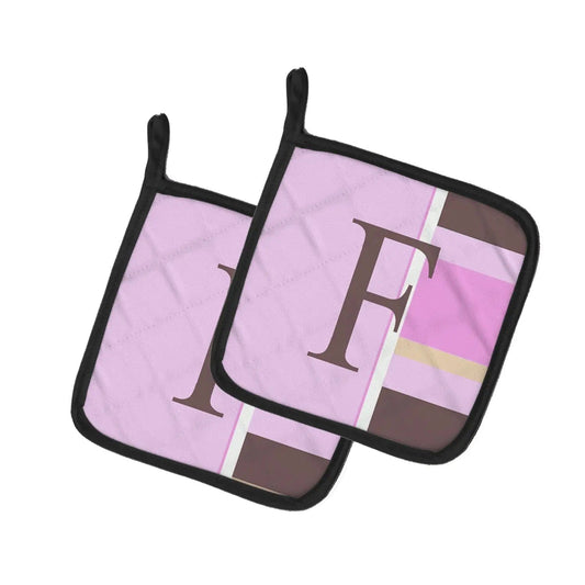 Pot Holder Set of 2 | Heat Resistant Quilted Hot Pads | 7.5 x 7.5 Inch | Letter F Initial Monogram - Pink Stripes