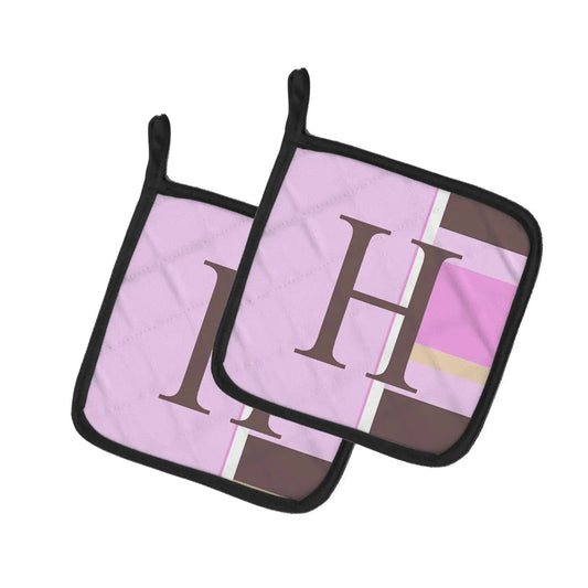 Pot Holder Set of 2 | Heat Resistant Quilted Hot Pads | 7.5 x 7.5 Inch | Letter H Initial Monogram - Pink Stripes