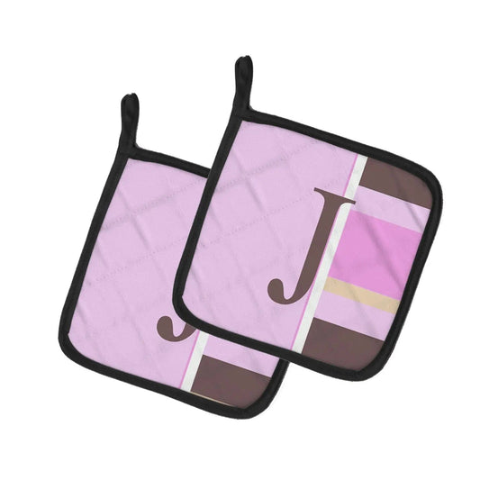 Pot Holder Set of 2 | Heat Resistant Quilted Hot Pads | 7.5 x 7.5 Inch | Letter J Initial Monogram - Pink Stripes