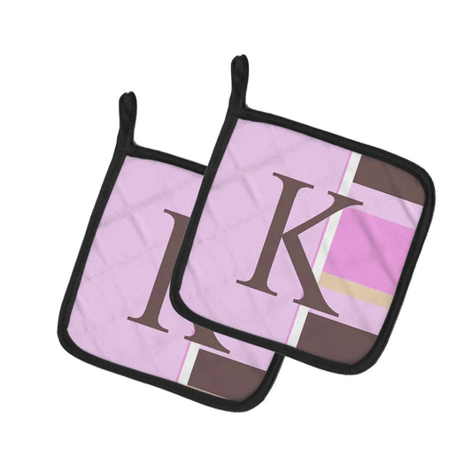 Pot Holder Set of 2 | Heat Resistant Quilted Hot Pads | 7.5 x 7.5 Inch | Letter K Initial Monogram - Pink Stripes