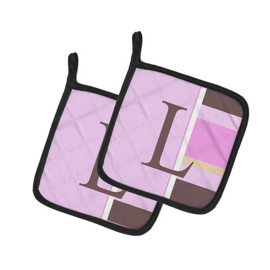 Pot Holder Set of 2 | Heat Resistant Quilted Hot Pads | 7.5 x 7.5 Inch | Letter L Initial Monogram - Pink Stripes