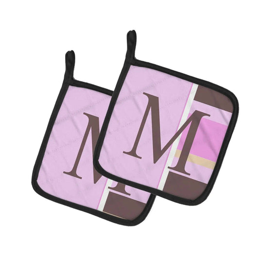 Pot Holder Set of 2 | Heat Resistant Quilted Hot Pads | 7.5 x 7.5 Inch | Letter M Initial Monogram - Pink Stripes