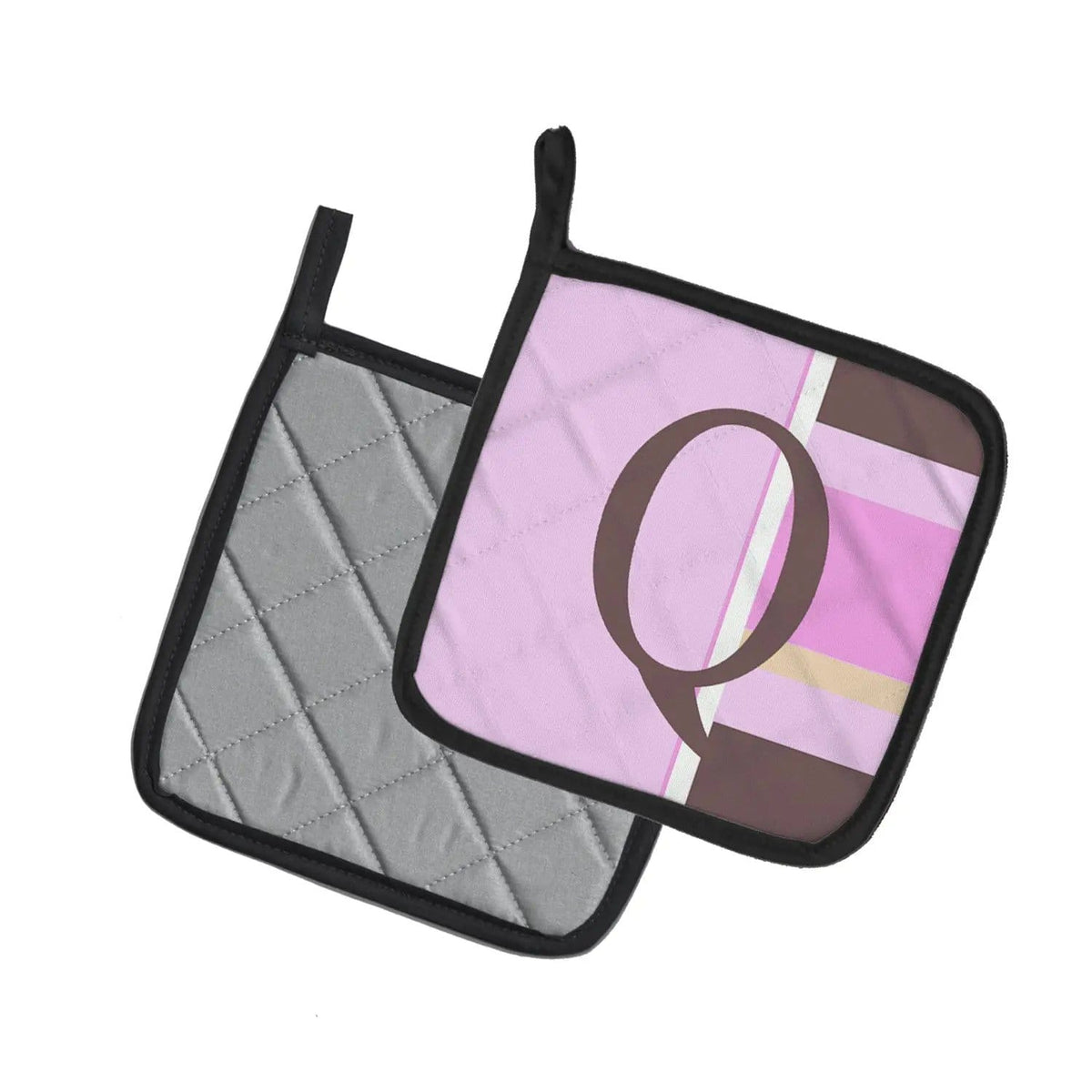 Pot Holder Set of 2 | Heat Resistant Quilted Hot Pads | 7.5 x 7.5 Inch | Letter Q Initial Monogram - Pink Stripes