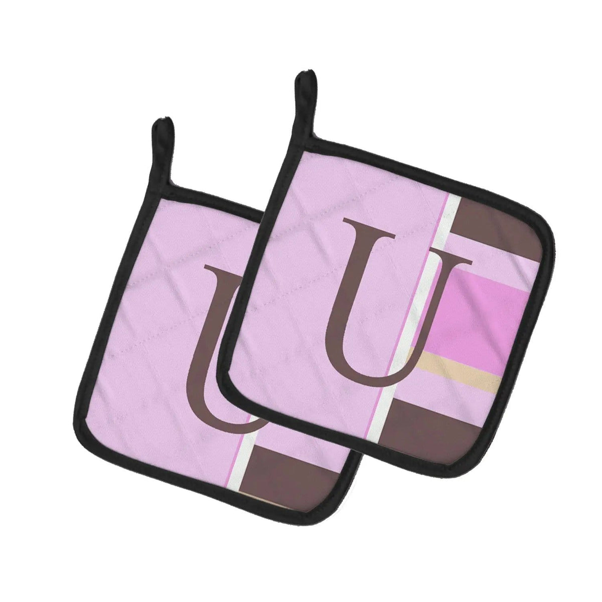 Pot Holder Set of 2 | Heat Resistant Quilted Hot Pads | 7.5 x 7.5 Inch | Letter U Initial Monogram - Pink Stripes