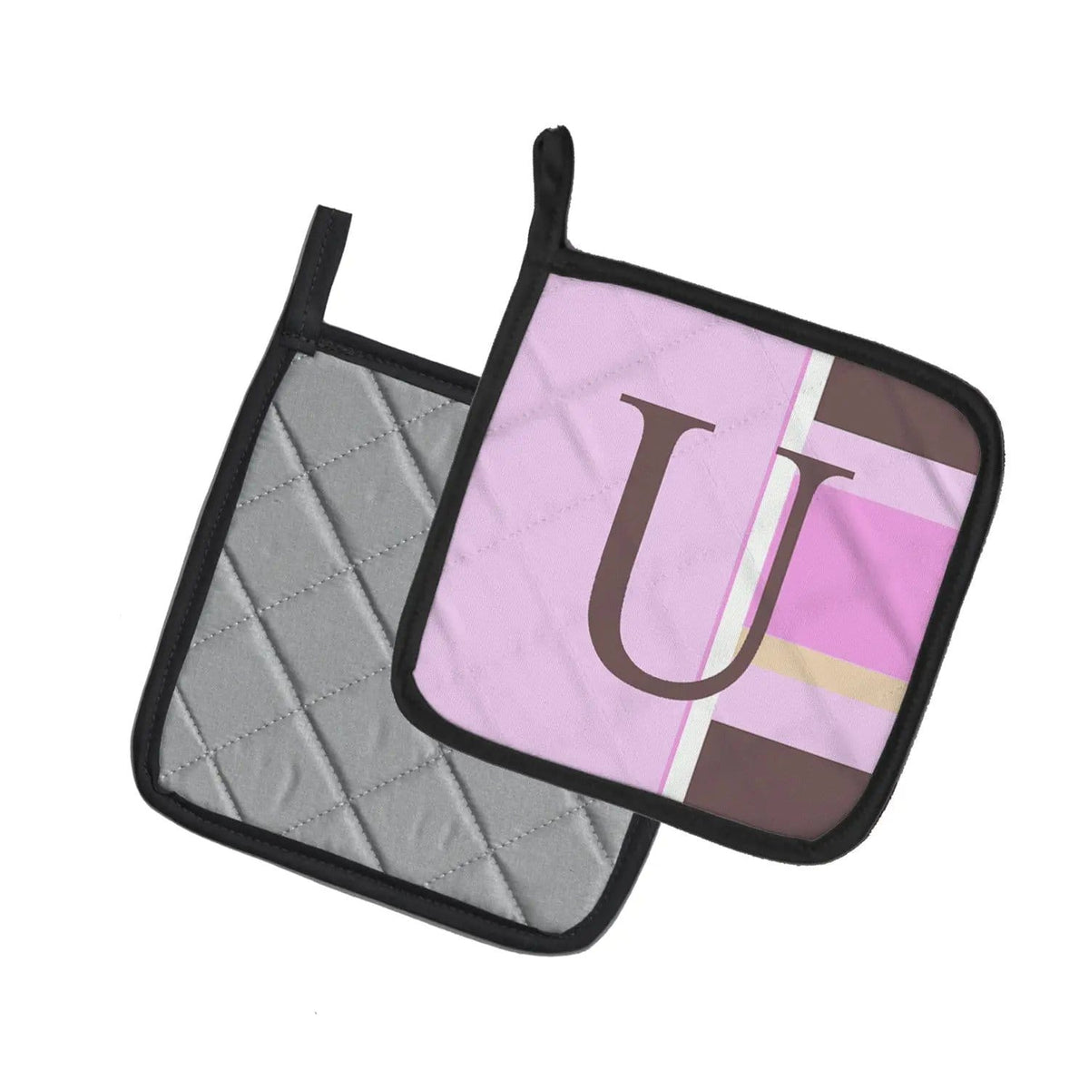 Pot Holder Set of 2 | Heat Resistant Quilted Hot Pads | 7.5 x 7.5 Inch | Letter U Initial Monogram - Pink Stripes
