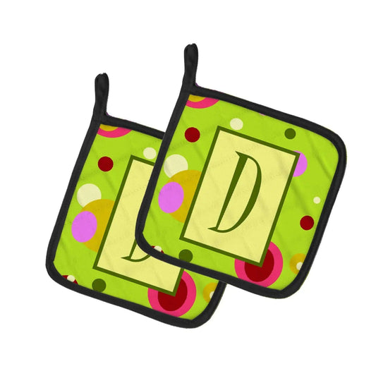 Pot Holder Set of 2 | Heat Resistant Quilted Hot Pads | 7.5 x 7.5 Inch | Letter D Monogram - Lime Green