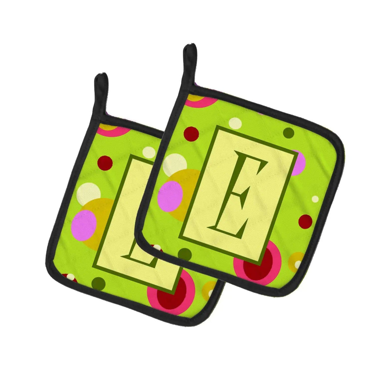 Pot Holder Set of 2 | Heat Resistant Quilted Hot Pads | 7.5 x 7.5 Inch | Letter E Monogram - Lime Green
