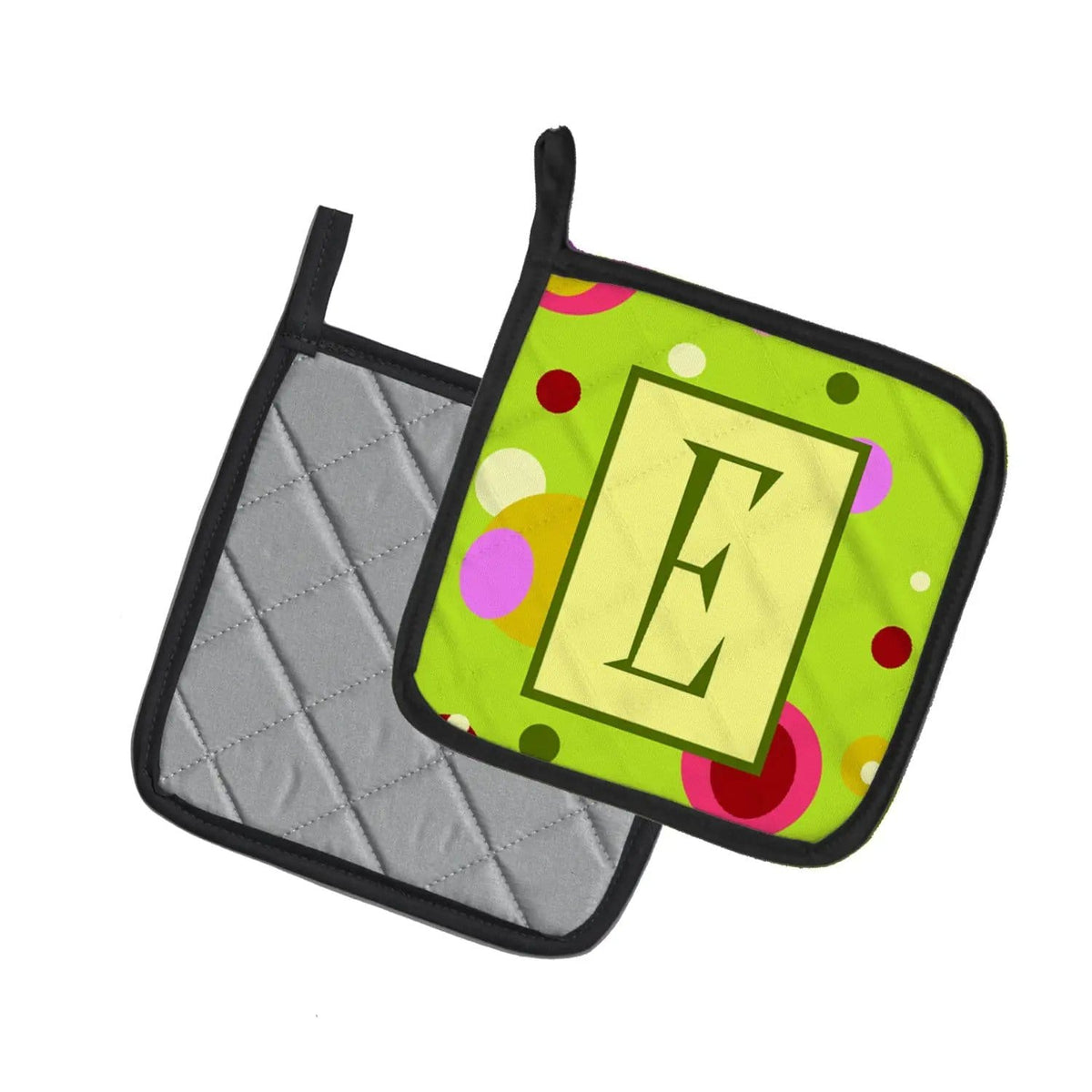 Pot Holder Set of 2 | Heat Resistant Quilted Hot Pads | 7.5 x 7.5 Inch | Letter E Monogram - Lime Green