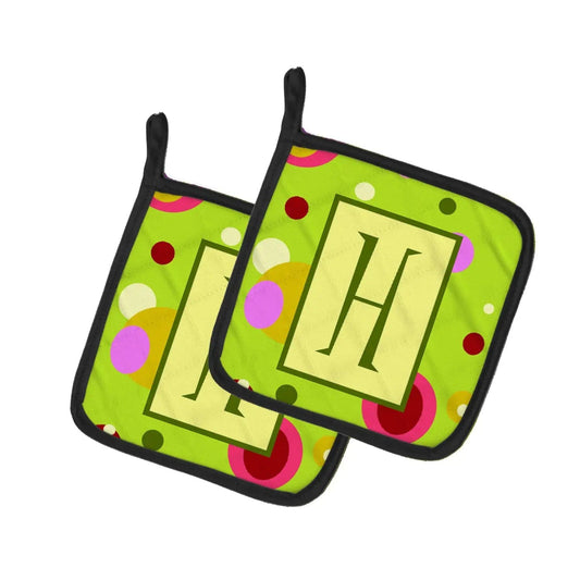 Pot Holder Set of 2 | Heat Resistant Quilted Hot Pads | 7.5 x 7.5 Inch | Letter H Monogram - Lime Green