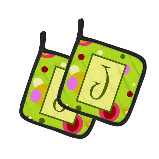 Pot Holder Set of 2 | Heat Resistant Quilted Hot Pads | 7.5 x 7.5 Inch | Letter J Monogram - Lime Green