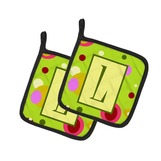 Pot Holder Set of 2 | Heat Resistant Quilted Hot Pads | 7.5 x 7.5 Inch | Letter L Monogram - Lime Green