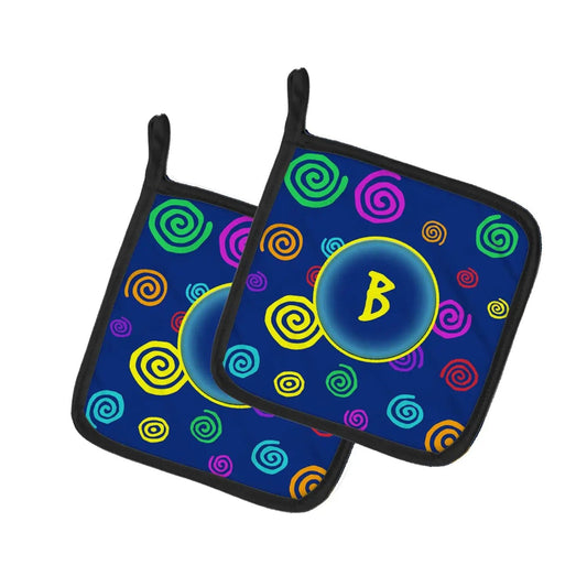 Pot Holder Set of 2 | Heat Resistant Quilted Hot Pads | 7.5 x 7.5 Inch | Letter B Initial Monogram - Blue Swirls