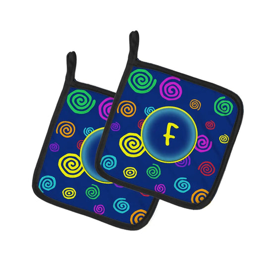 Pot Holder Set of 2 | Heat Resistant Quilted Hot Pads | 7.5 x 7.5 Inch | Letter F Initial Monogram - Blue Swirls