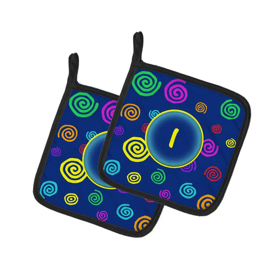 Pot Holder Set of 2 | Heat Resistant Quilted Hot Pads | 7.5 x 7.5 Inch | Letter I Initial Monogram - Blue Swirls