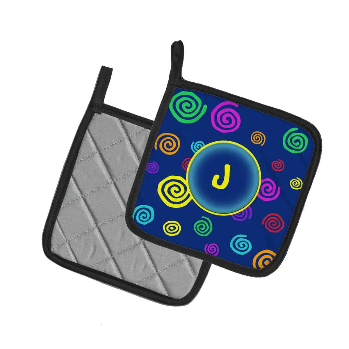 Pot Holder Set of 2 | Heat Resistant Quilted Hot Pads | 7.5 x 7.5 Inch | Letter J Initial Monogram - Blue Swirls