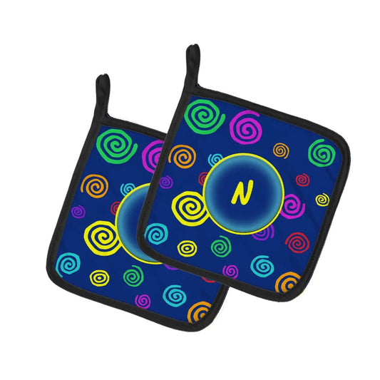 Pot Holder Set of 2 | Heat Resistant Quilted Hot Pads | 7.5 x 7.5 Inch | Letter N Initial Monogram - Blue Swirls