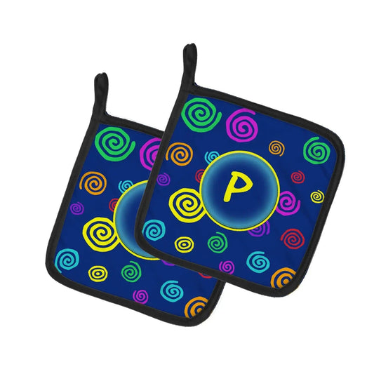 Pot Holder Set of 2 | Heat Resistant Quilted Hot Pads | 7.5 x 7.5 Inch | Letter P Initial Monogram - Blue Swirls