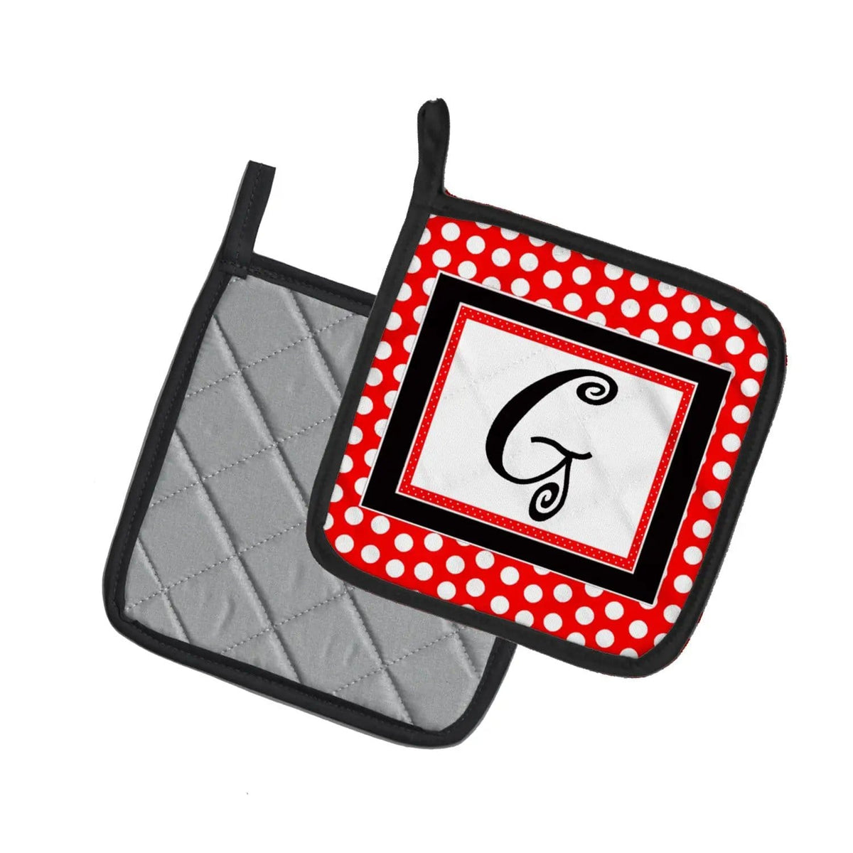 Pot Holder Set of 2 | Heat Resistant Quilted Hot Pads | 7.5 x 7.5 Inch | Letter G Initial - Red Black Polka Dots