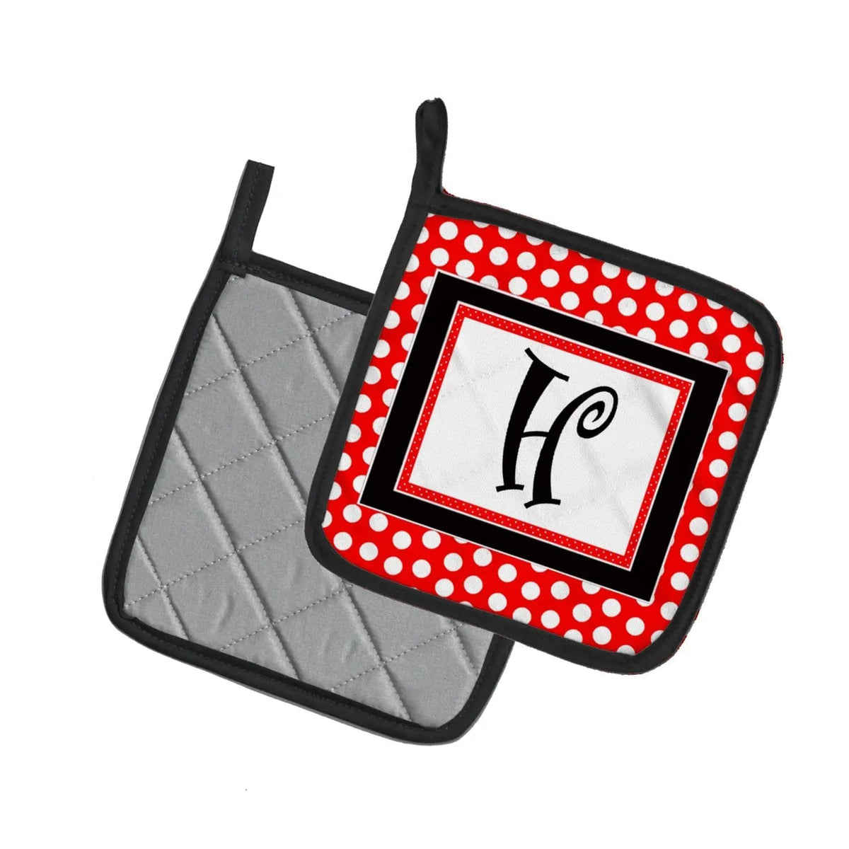 Pot Holder Set of 2 | Heat Resistant Quilted Hot Pads | 7.5 x 7.5 Inch | Letter H Initial - Red Black Polka Dots