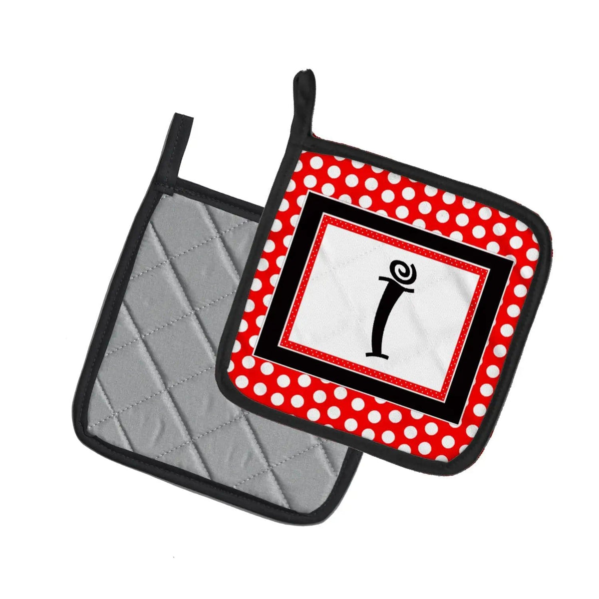 Pot Holder Set of 2 | Heat Resistant Quilted Hot Pads | 7.5 x 7.5 Inch | Letter I Initial - Red Black Polka Dots