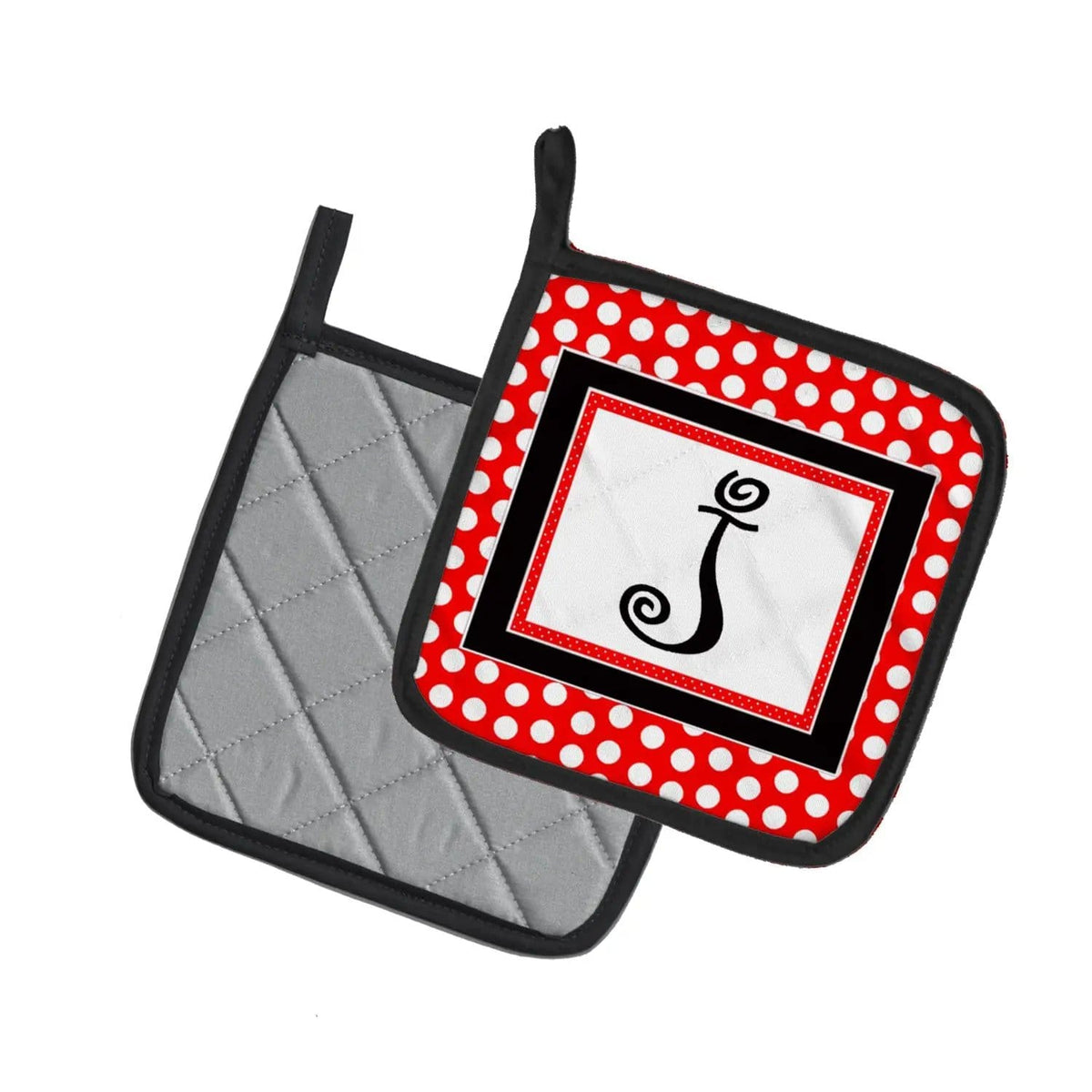 Pot Holder Set of 2 | Heat Resistant Quilted Hot Pads | 7.5 x 7.5 Inch | Letter J Initial - Red Black Polka Dots