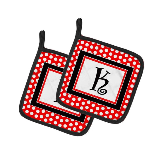 Pot Holder Set of 2 | Heat Resistant Quilted Hot Pads | 7.5 x 7.5 Inch | Letter K Initial - Red Black Polka Dots