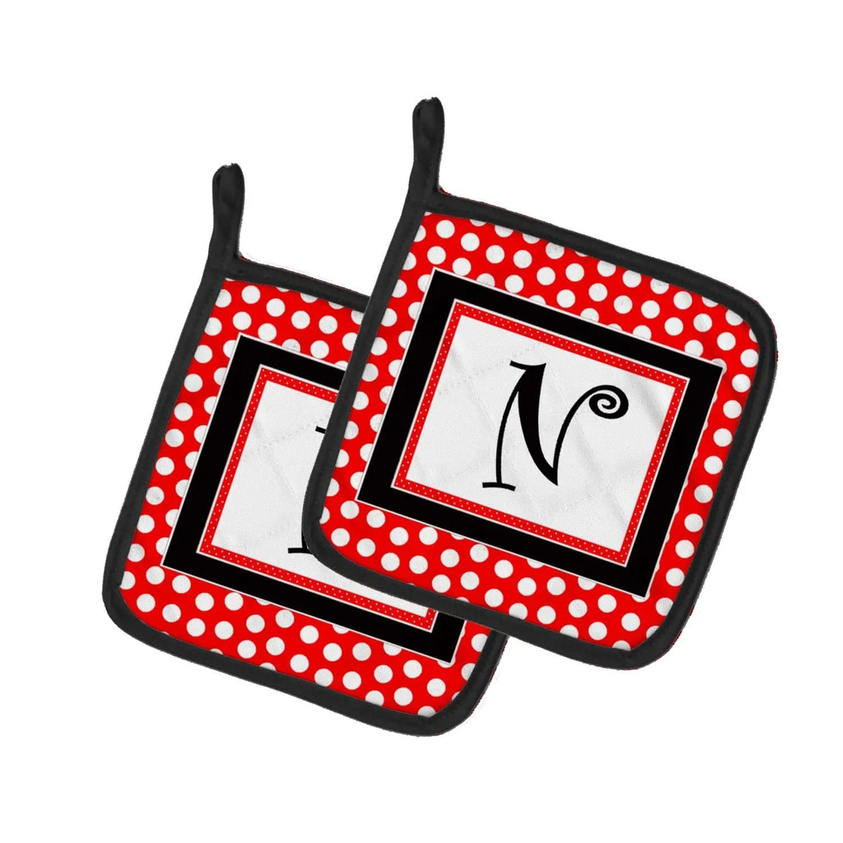 Pot Holder Set of 2 | Heat Resistant Quilted Hot Pads | 7.5 x 7.5 Inch | Letter N Initial - Red Black Polka Dots