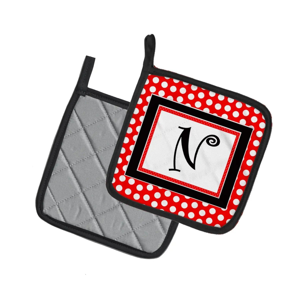 Pot Holder Set of 2 | Heat Resistant Quilted Hot Pads | 7.5 x 7.5 Inch | Letter N Initial - Red Black Polka Dots