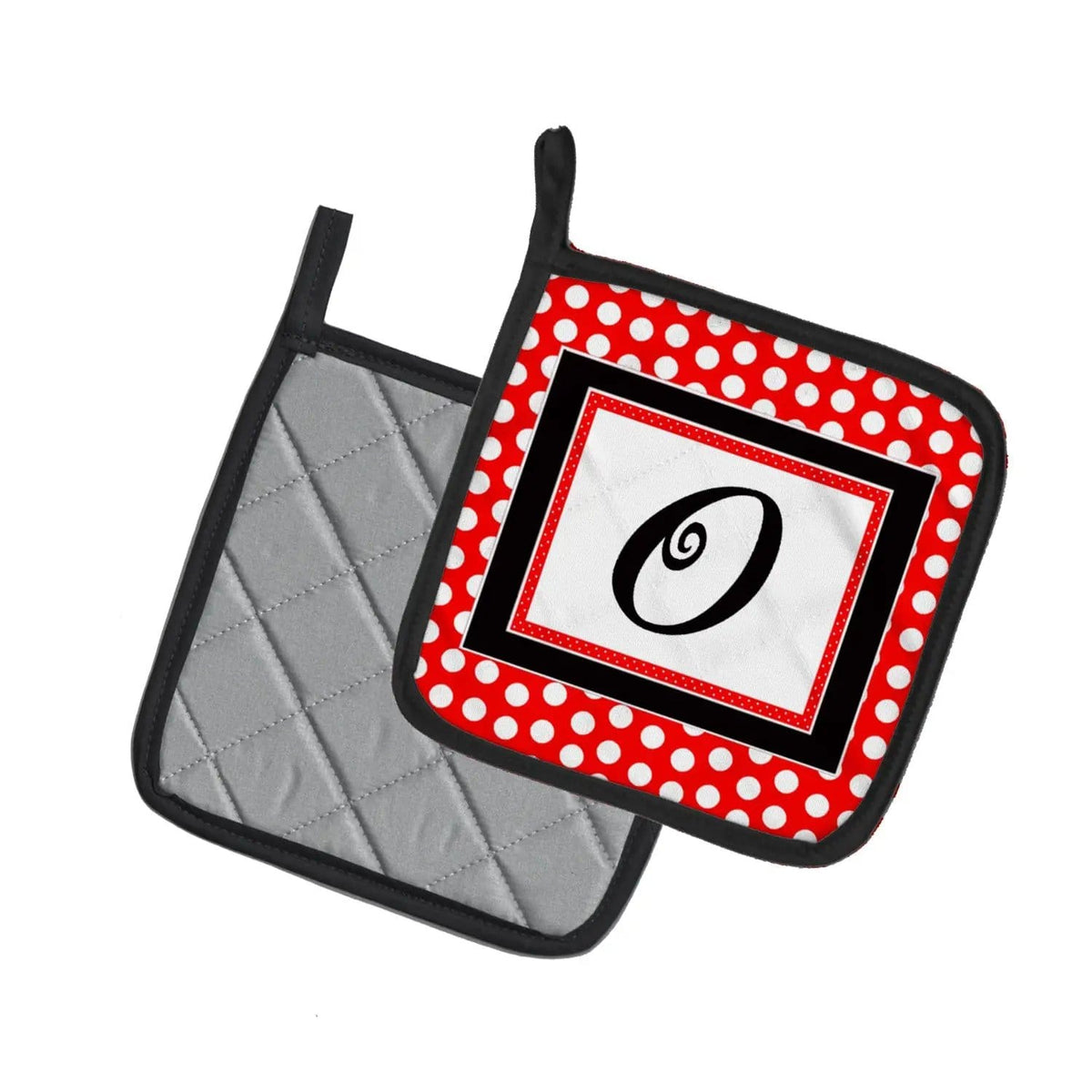 Pot Holder Set of 2 | Heat Resistant Quilted Hot Pads | 7.5 x 7.5 Inch | Letter O Initial - Red Black Polka Dots